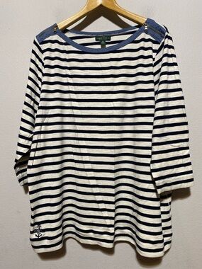 Lauren Ralph Lauren Nautical 3X Preppy Striped Boat Neck Top 3/4 Sleeve Zippers
